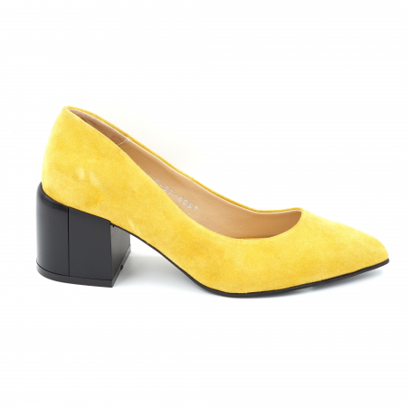Pantofi elegant & office dama - Pantofi dama din piele naturala intoarsa galbena cu varf ascutit stileto si toc mic gros 6 cm 6057-3-24