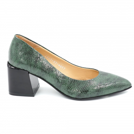 Pantofi elegant & office dama - Pantofi dama din piele naturala lacuita croco verde marmorat cu varf ascutit stileto si toc mic gros 6 cm 6057-1-24