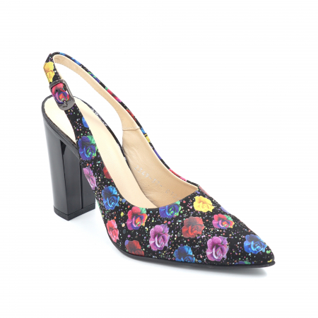 Sandale dama din piele naturala cu imprimeu floral cu varf ascutit stileto si toc inalt gros 9 cm  0124-7-24 [1]