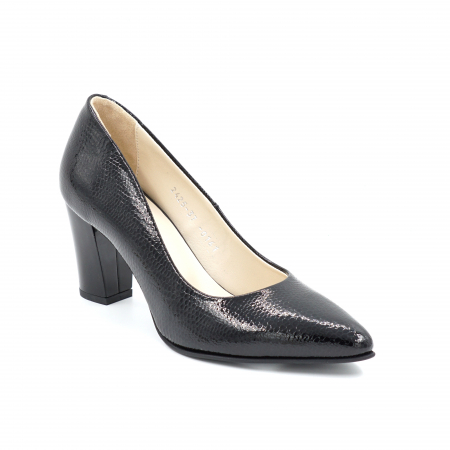 Pantofi dama din piele naturala lacuita neagra cu varf ascutit stileto si toc mediu gros 7 cm 0161-24 [2]