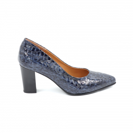 Pantofi elegant & office dama - Pantofi dama din piele naturala croco lacuit bleumaren cu varf ascutit stileto si toc mediu gros 7 cm 0161-25