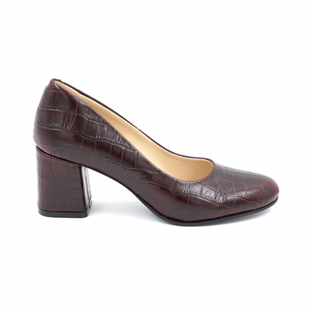 Pantofi elegant & office dama - Pantofi dama din piele naturala croco visiniu burgund cu varf rotund si toc mic gros 6 cm 0210-1-24