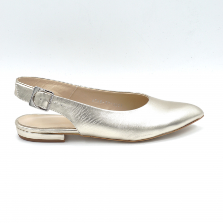 Lichidare stocuri - Sandale dama tip balerini din piele naturala aurie cu varf ascutit stileto si toc mic gros imbracat 1 cm 0224-2-24