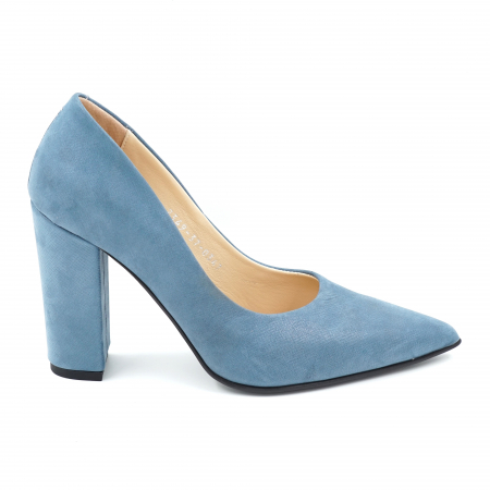 Pantofi dama - Pantofi dama din piele naturala albastru deschis sidefat cu varf ascutit stileto si toc inalt gros imbracat 9 cm 0347-24