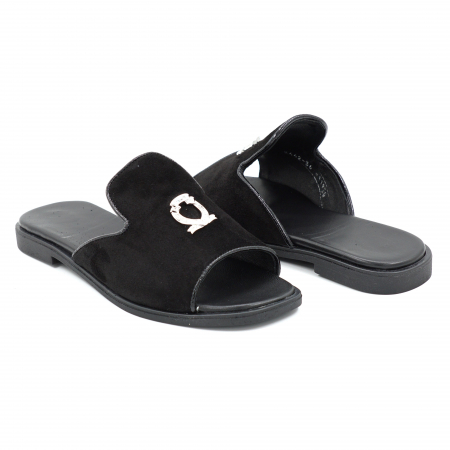 Sandale damă - Papuci dama din piele naturala intoarsa neagra cu varf rotund si talpa 1 cm 11920-25
