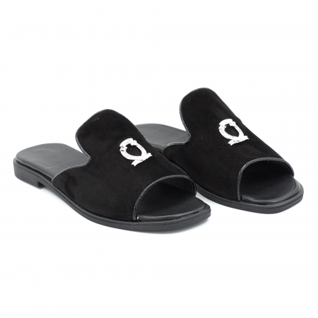Papuci dama din piele naturala intoarsa neagra cu varf rotund si talpa 1 cm 11920-25 [1]