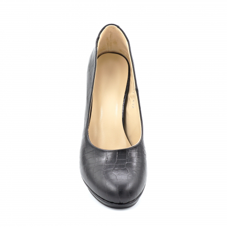 Pantofi dama din piele naturala croco mat negru cu varf rotund, platforma 1 cm si  toc inalt gros 10 cm 0612-24 [4]
