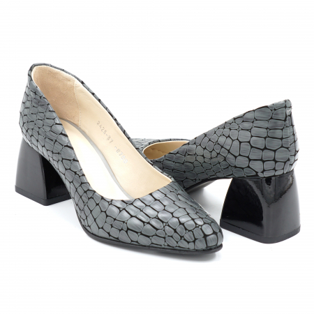 Pantofi dama din piele naturala croco 3D gri cu varf ascutit si toc mic gros 6 cm 0700-1-24 [1]