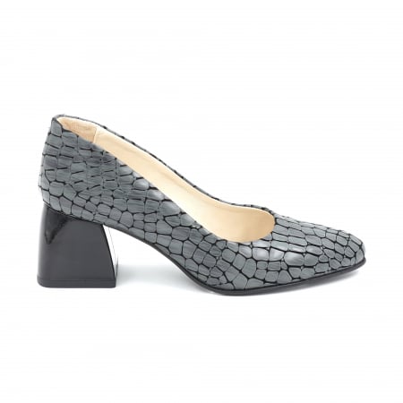 Pantofi dama - Pantofi dama din piele naturala croco 3D gri cu varf ascutit si toc mic gros 6 cm 0700-1-24