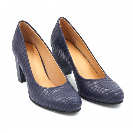 Pantofi dama din piele naturala bleumaren cu imprimeu croco cu varf rotund si toc mediu gros 7 cm 0948-24 [3]