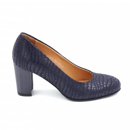 Pantofi dama - Pantofi dama din piele naturala bleumaren cu imprimeu croco cu varf rotund si toc mediu gros 7 cm 0948-24