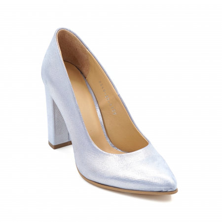 Pantofi dama din piele naturala albastru bleu metalizat cu varf ascutit stileto si toc inalt gros imbracat 9 cm 1159-24 [1]