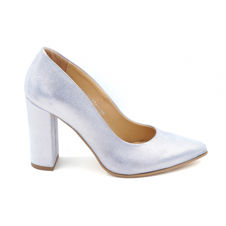 Pantofi dama - Pantofi dama din piele naturala albastru bleu metalizat cu varf ascutit stileto si toc inalt gros imbracat 9 cm 1159-24
