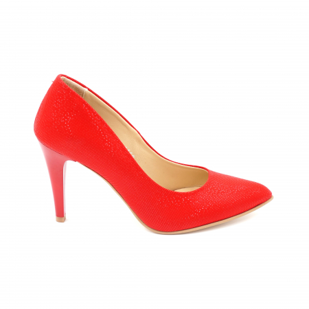 Pantofi dama - Pantofi dama din piele naturala rosie cu insertii 3D cu varf ascutit stileto si toc inalt subtire 10 cm 1159-3-24