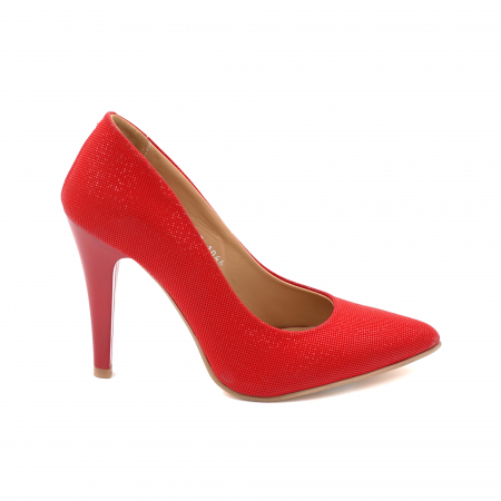 Pantofi elegant & office dama - Pantofi dama din piele naturala rosie cu imprimeu cu varf ascutit stileto si toc inalt subtire 10 cm 1159-3-24