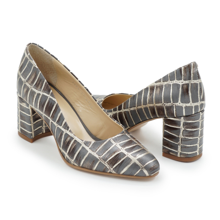 Pantofi dama din piele naturala cu imprimeu, cu varf ascutit si toc mic gros imbracat de 6 cm 0700-3-26 [3]