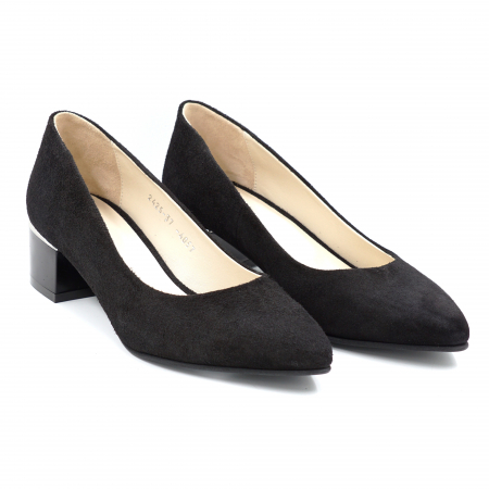 Pantofi dama din piele naturala intoarsa neagra cu varf ascutit stileto si toc mic gros 4 cm 4057-1-24 [2]