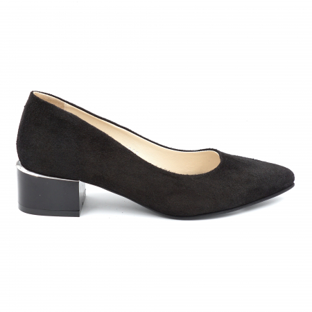 Pantofi elegant & office dama - Pantofi dama din piele naturala intoarsa neagra cu varf ascutit stileto si toc mic gros 4 cm 4057-1-24