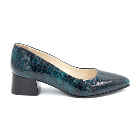 Pantofi elegant & office dama - Pantofi dama din piele naturala lacuita croco verde marmorat cu varf ascutit stileto si toc mic gros 4 cm 4057-2-24