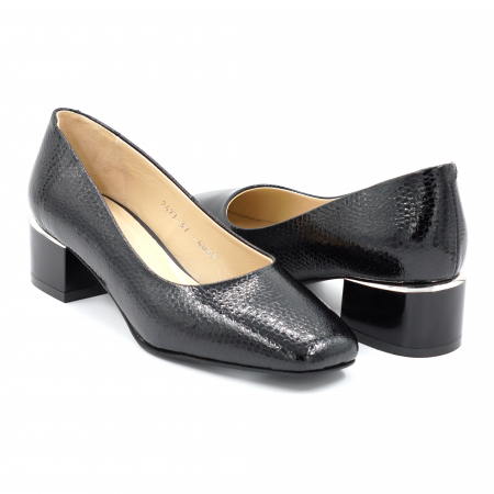 Pantofi elegant & office dama - Pantofi dama din piele naturala croco negru cu varf patrat si toc mic gros 4 cm 4069-1-24