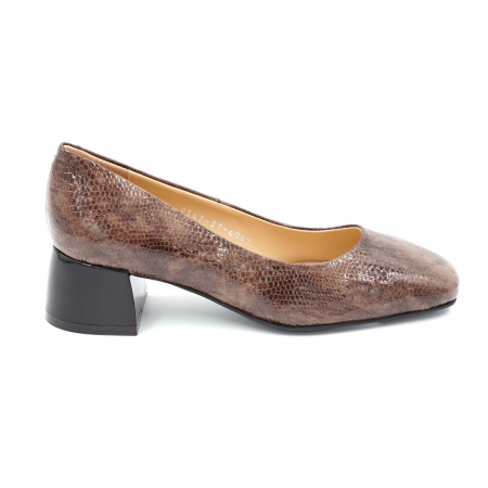 Pantofi dama - Pantofi dama din piele naturala lacuita croco maro marmorat cu varf patrat si toc mic gros 4 cm 4069-24