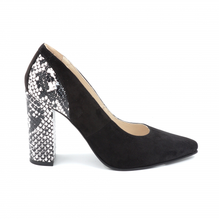 Pantofi elegant & office dama - Pantofi dama din piele naturala intoarsa neagra si cu imprimeu sarpe alb-negru cu varf ascutit stileto si toc inalt gros imbracat 9 cm 50018-1-24