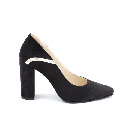 Pantofi elegant & office dama - Pantofi dama din piele naturala intoarsa neagra si aurie cu varf ascutit stileto si toc inalt gros imbracat 9 cm 50220-1-24