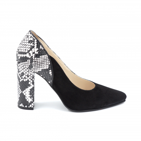 Pantofi elegant & office dama - Pantofi dama din piele naturala intoarsa neagra si cu imprimeu sarpe alb-negru cu varf ascutit stileto si toc inalt gros imbracat 9 cm 50320-2-24