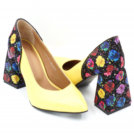 pantofi dama din piele naturala galbena si cu imprimeu floral cu varf ascutit stileto si toc mediu gros imbracat 8 cm 50320-24 [2]