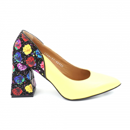 Dama - pantofi dama din piele naturala galbena si cu imprimeu floral cu varf ascutit stileto si toc mediu gros imbracat 8 cm 50320-24