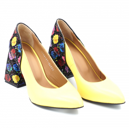 pantofi dama din piele naturala galbena si cu imprimeu floral cu varf ascutit stileto si toc mediu gros imbracat 8 cm 50320-24 [3]