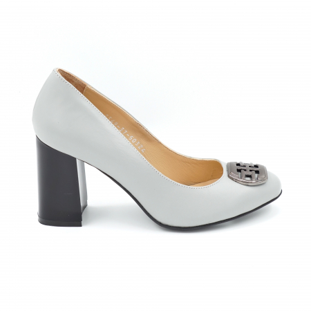 Pantofi dama din piele naturala gri cu varf rotund si toc mediu gros 8 cm 50324-1-24 [2]