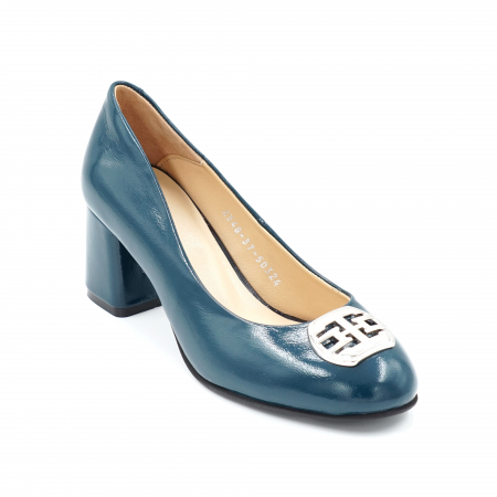 Pantofi dama din piele naturala lacuita verde smarald cu varf rotund si toc mic gros imbracat 6 cm 50324-24 [3]