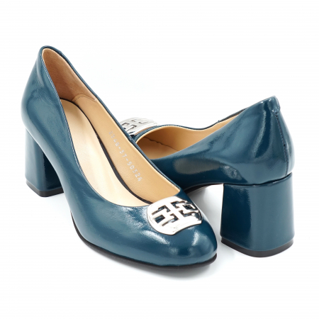Pantofi elegant & office dama - Pantofi dama din piele naturala lacuita verde smarald cu varf rotund si toc mic gros imbracat 6 cm 50324-24