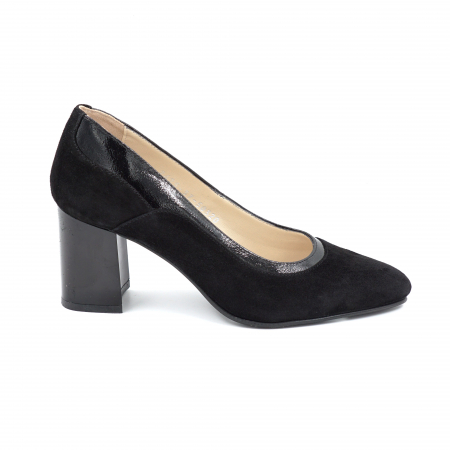 Pantofi elegant & office dama - Pantofi dama din piele naturala intoarsa si lacuita neagra cu varf ascutit si toc mediu gros 7 cm 50520-2-24