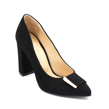 Pantofi dama din piele naturala intoarsa neagra cu varf ascutit stiletto si toc inalt gros imbracat 9 cm 50724-1-24 [2]