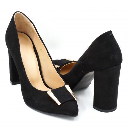 Dama - Pantofi dama din piele naturala intoarsa neagra cu varf ascutit stiletto si toc inalt gros imbracat 9 cm 50724-1-24