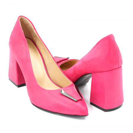 Dama - Pantofi dama din piele naturala fucsia sidefata cu varf ascutit stileto si toc mediu gros imbracat 8 cm 50824-24