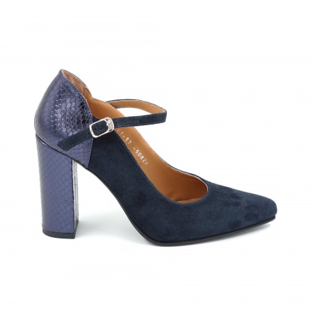 Dama - Pantofi dama din piele naturala intoarsa bleumaren si cu imprimeu croco bleumaren metalizat cu varf ascutit stileto si toc inalt gros imbracat 9 cm 50820-25