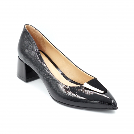 Pantofi dama din piele naturala lacuita neagra cu varf ascutit stileto si toc mic gros 4 cm 50824-1-24 [1]