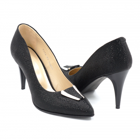 Lichidare stocuri - Pantofi dama din piele naturala neagra cu imprimeu cu varf ascutit stileto si toc mediu subtire 7 cm 50824-4-24