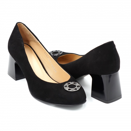 Dama - Pantofi dama din piele naturala intoarsa neagra cu varf rotund si toc mic gros 6 cm 50924-1-24