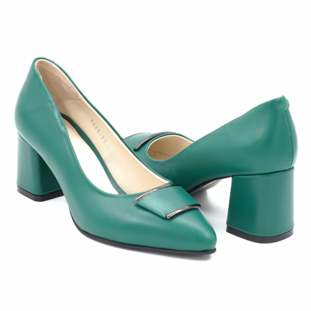 Pantofi elegant & office dama - Pantofi dama din piele naturala verde menta cu varf ascutit stileto si toc mic gros imbracat 6 cm 51024-3-24
