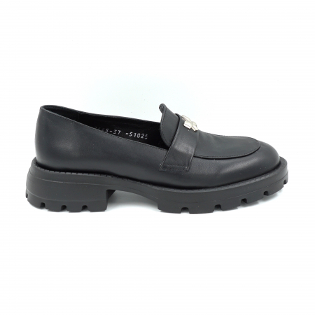 Pantofi casual & sport dama - Pantofi dama casual loafers din piele naturala neagra cu varf rotund si talpa de 3 cm 51025-25