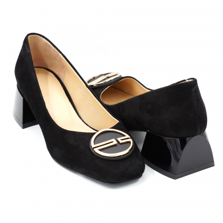Pantofi dama - Pantofi dama din piele naturala intoarsa neagra cu varf patrat si toc mic gros 4 cm 51124-24