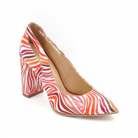 Pantofi dama din piele naturala imprimeu multicolor cu varf ascutit si toc inalt gros imbracat 9 cm 51220-24 [1]