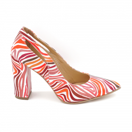Pantofi elegant & office dama - Pantofi dama din piele naturala imprimeu multicolor cu varf ascutit si toc inalt gros imbracat 9 cm 51220-24