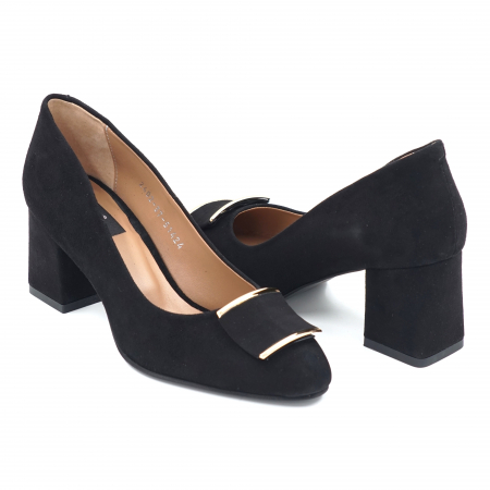 Pantofi elegant & office dama - Pantofi dama din piele naturala intoarsa neagra cu varf ascutit si toc mediu gros imbracat 7 cm 51424-4-24
