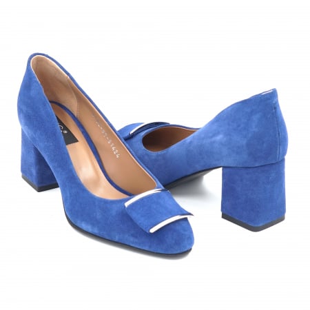 Pantofi dama - Pantofi dama din piele naturala intoarsa albastru electric cu varf ascutit si toc mediu gros imbracat 7 cm 51424-5-24