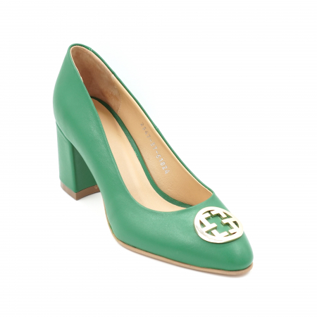Pantofi dama din piele naturala verde crud cu varf ascutit si toc mic gros imbracat 6 cm 51824-1-24 [2]